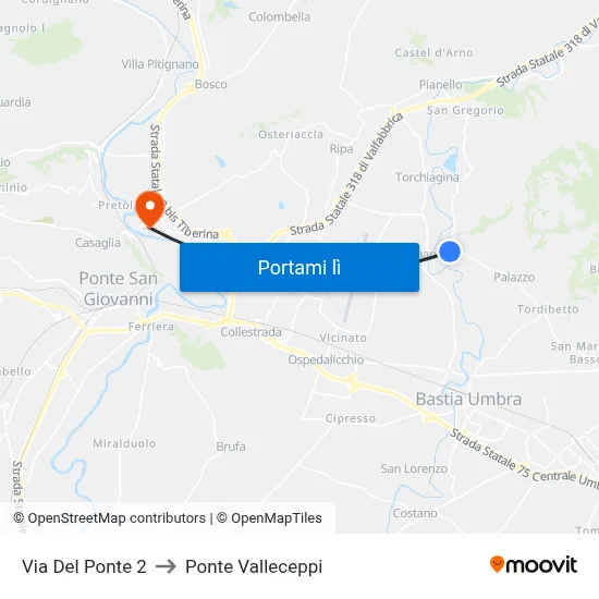Via Del Ponte 2 to Ponte Valleceppi map