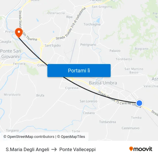 S.Maria Degli Angeli to Ponte Valleceppi map
