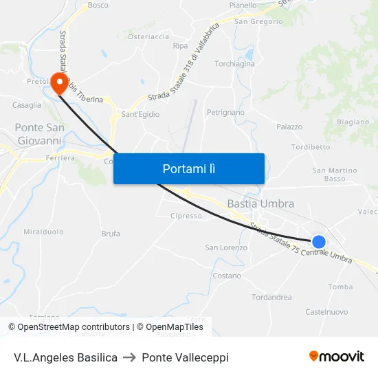 V.L.Angeles Basilica to Ponte Valleceppi map