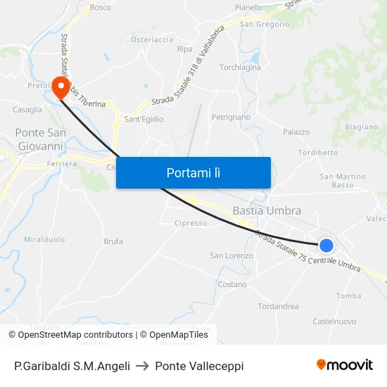 P.Garibaldi S.M.Angeli to Ponte Valleceppi map