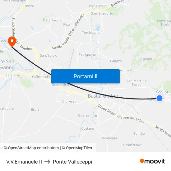 V.V.Emanuele II to Ponte Valleceppi map