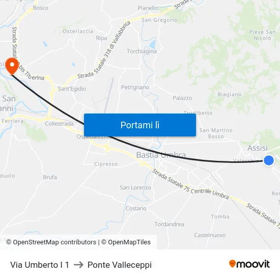 Via Umberto I 1 to Ponte Valleceppi map