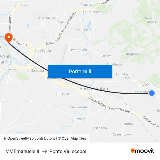 V.V.Emanuele II to Ponte Valleceppi map