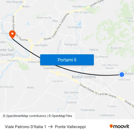 Viale Patrono D'Italia 1 to Ponte Valleceppi map