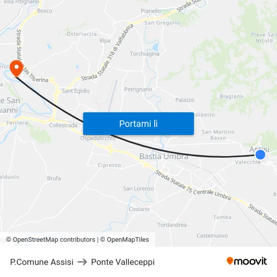 P.Comune Assisi to Ponte Valleceppi map