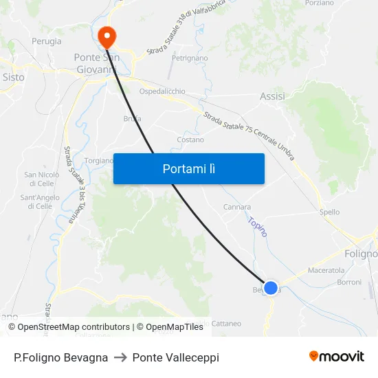 P.Foligno Bevagna to Ponte Valleceppi map