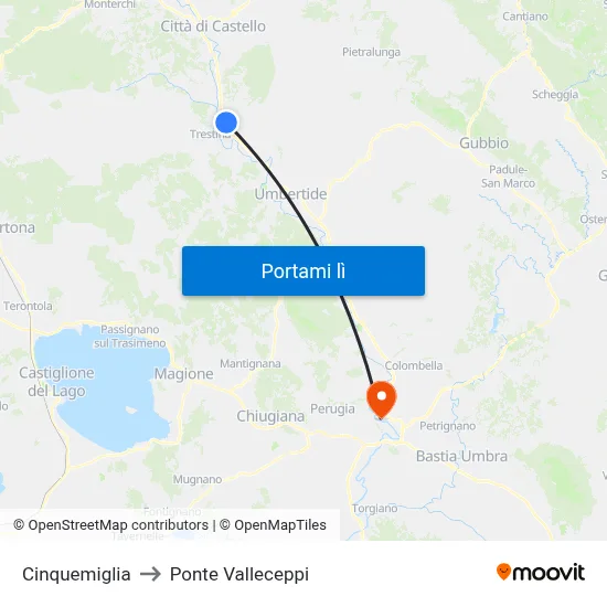 Cinquemiglia to Ponte Valleceppi map