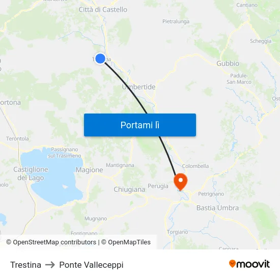 Trestina to Ponte Valleceppi map