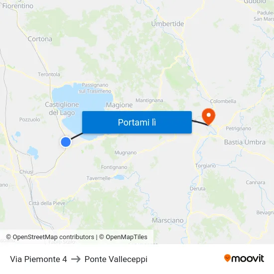 Via Piemonte 4 to Ponte Valleceppi map