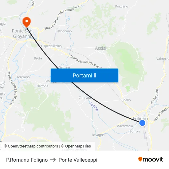 P.Romana Foligno to Ponte Valleceppi map