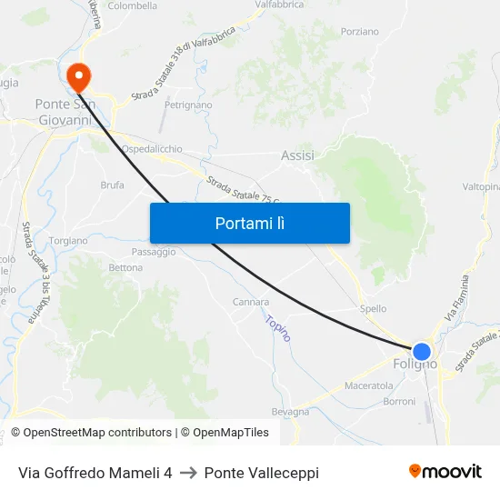 Via Goffredo Mameli 4 to Ponte Valleceppi map