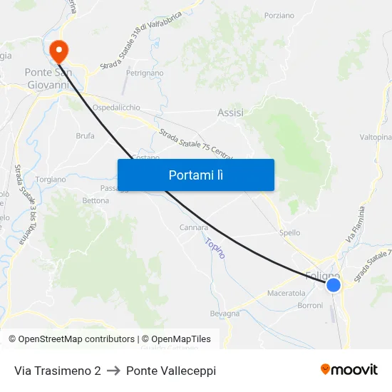 Via Trasimeno 2 to Ponte Valleceppi map