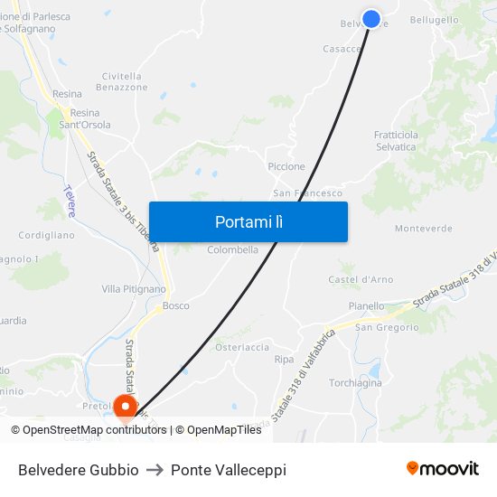 Belvedere Gubbio to Ponte Valleceppi map