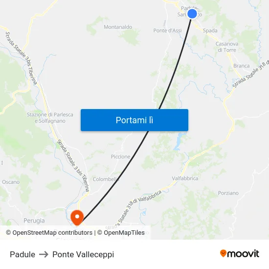 Padule to Ponte Valleceppi map
