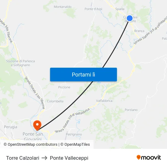 Torre Calzolari to Ponte Valleceppi map