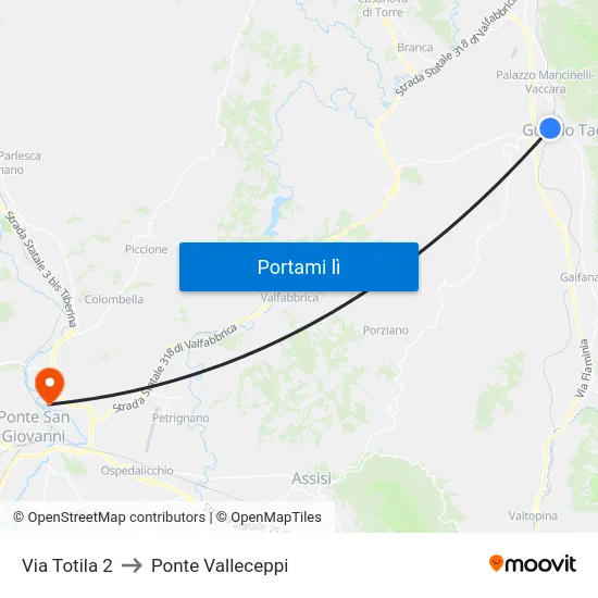 Via Totila 2 to Ponte Valleceppi map