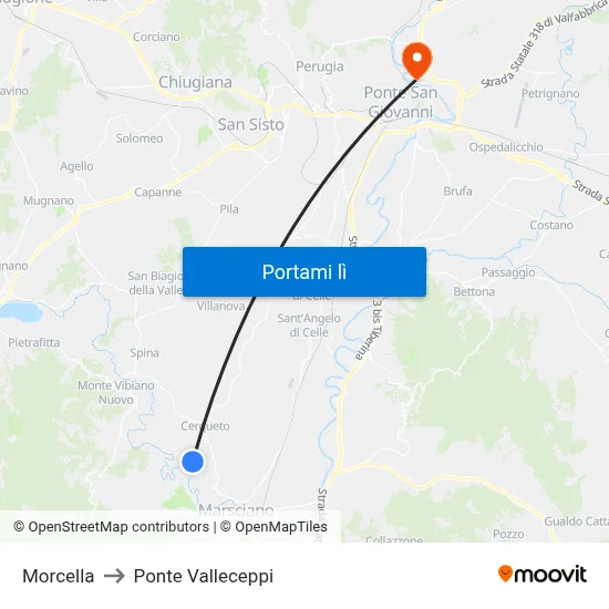 Morcella to Ponte Valleceppi map