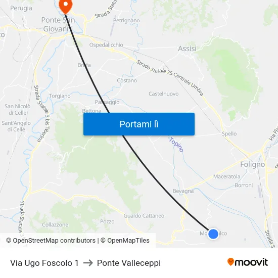 Via Ugo Foscolo 1 to Ponte Valleceppi map
