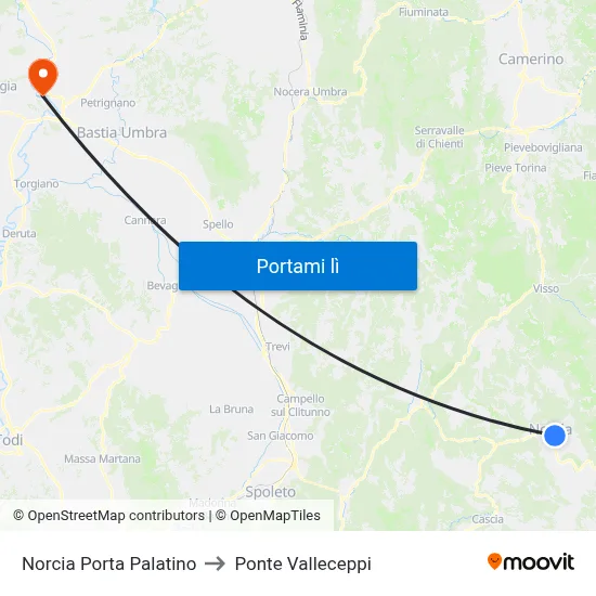 Norcia Porta Palatino to Ponte Valleceppi map