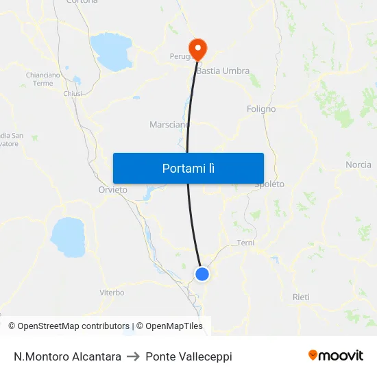N.Montoro Alcantara to Ponte Valleceppi map