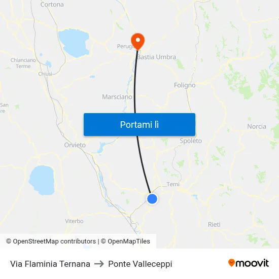 Via Flaminia Ternana to Ponte Valleceppi map