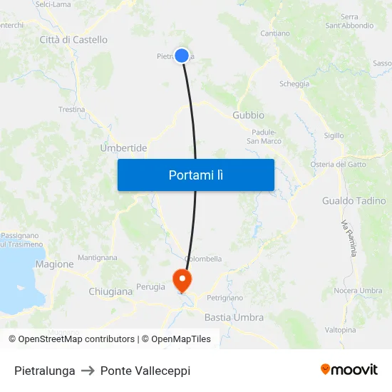 Pietralunga to Ponte Valleceppi map