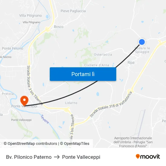 Bv. Pilonico Paterno to Ponte Valleceppi map