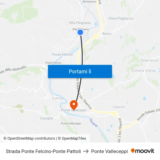 Strada Ponte Felcino-Ponte Pattoli to Ponte Valleceppi map