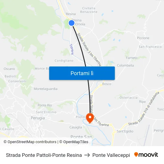 Strada Ponte Pattoli-Ponte Resina to Ponte Valleceppi map