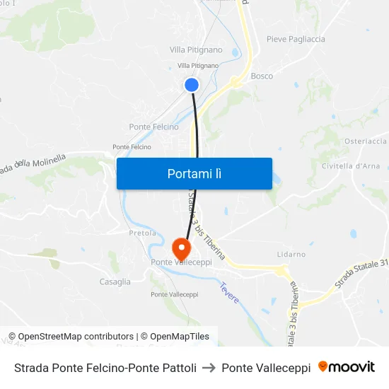 Strada Ponte Felcino-Ponte Pattoli to Ponte Valleceppi map