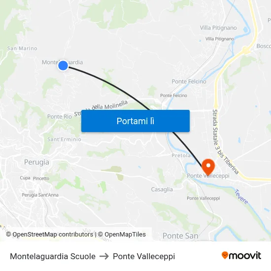 Montelaguardia Scuole to Ponte Valleceppi map