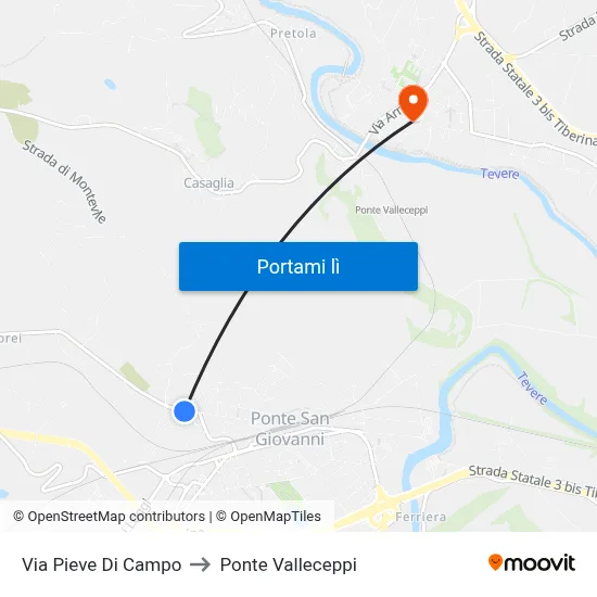 Via Pieve Di Campo to Ponte Valleceppi map