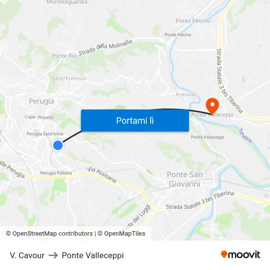 V. Cavour to Ponte Valleceppi map