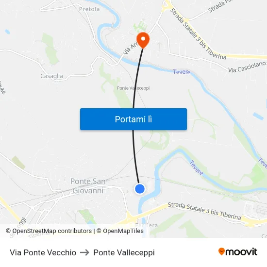 Via Ponte Vecchio to Ponte Valleceppi map