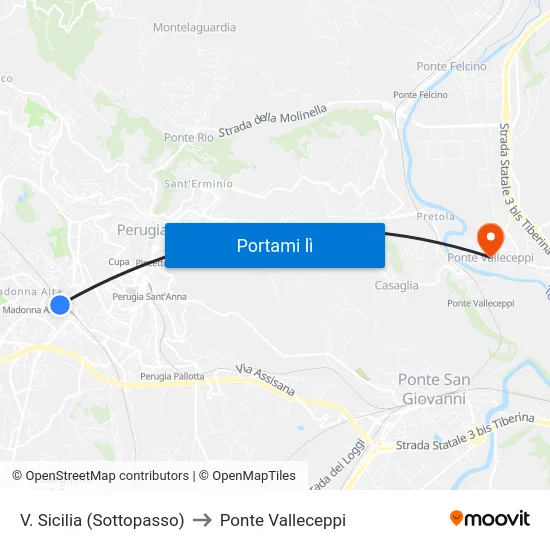 V. Sicilia (Sottopasso) to Ponte Valleceppi map