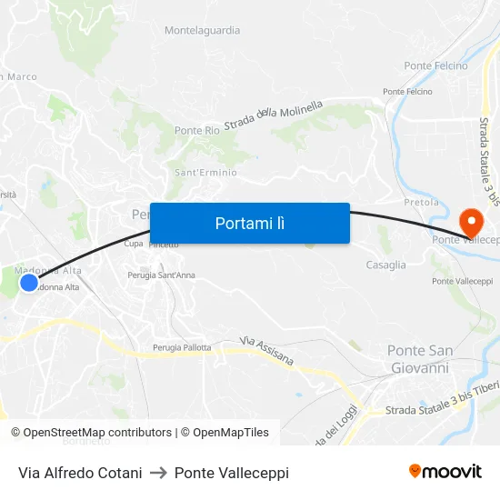 Via Alfredo Cotani to Ponte Valleceppi map