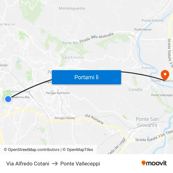 Via Alfredo Cotani to Ponte Valleceppi map