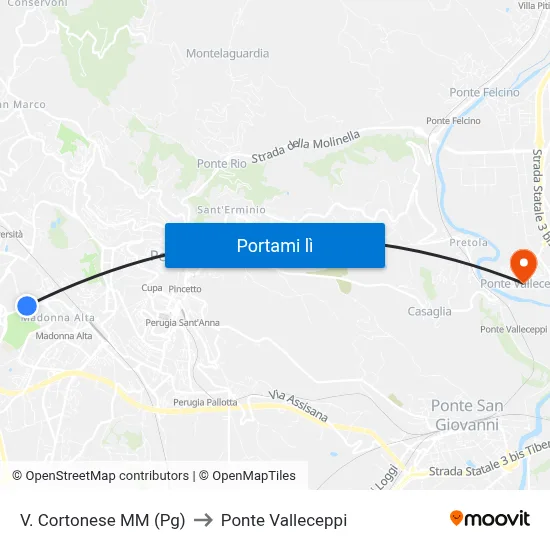 V. Cortonese M​M (Pg) to Ponte Valleceppi map