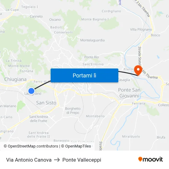 Via Antonio Canova to Ponte Valleceppi map