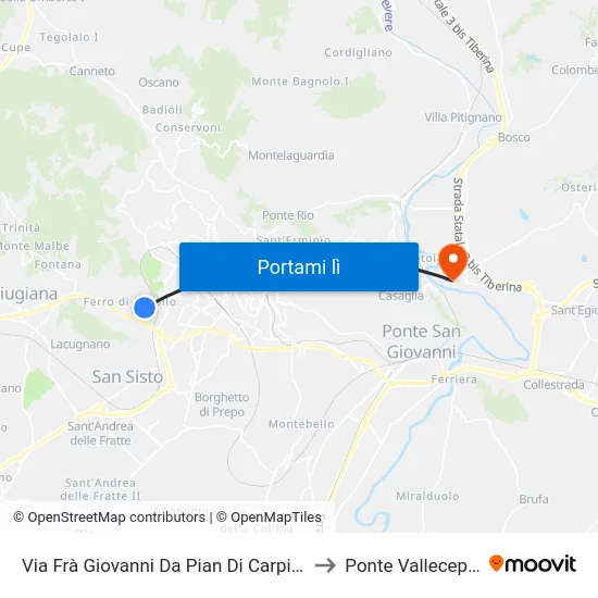 Via Frà Giovanni Da Pian Di Carpine to Ponte Valleceppi map