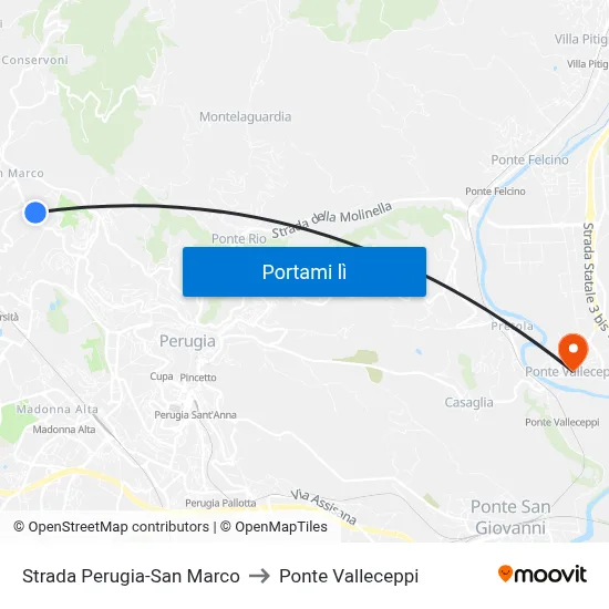 Strada Perugia-San Marco to Ponte Valleceppi map