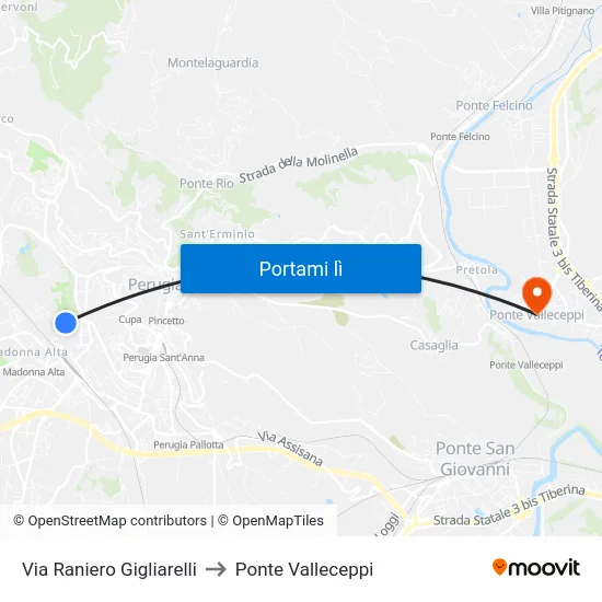 Via Raniero Gigliarelli to Ponte Valleceppi map