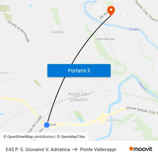 E45 P. S. Giovanni V. Adriatica to Ponte Valleceppi map