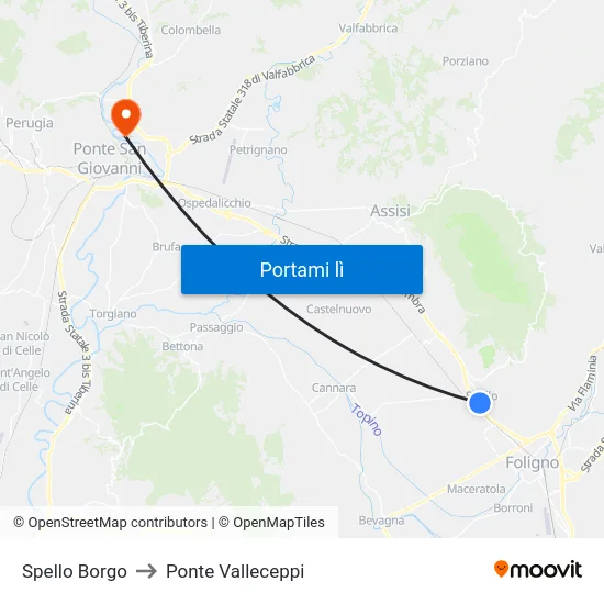 Spello Borgo to Ponte Valleceppi map