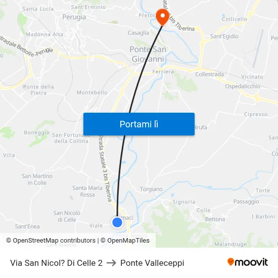Via San Nicol? Di Celle 2 to Ponte Valleceppi map