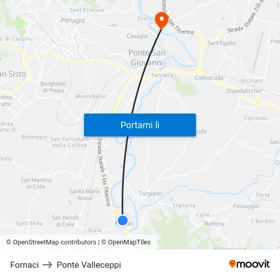 Fornaci to Ponte Valleceppi map
