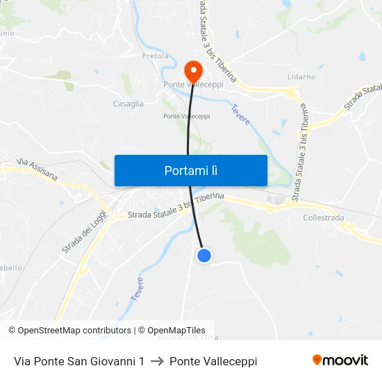 Via Ponte San Giovanni 1 to Ponte Valleceppi map