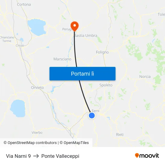 Via Narni 9 to Ponte Valleceppi map