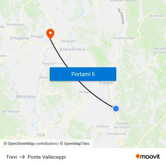 Trevi to Ponte Valleceppi map