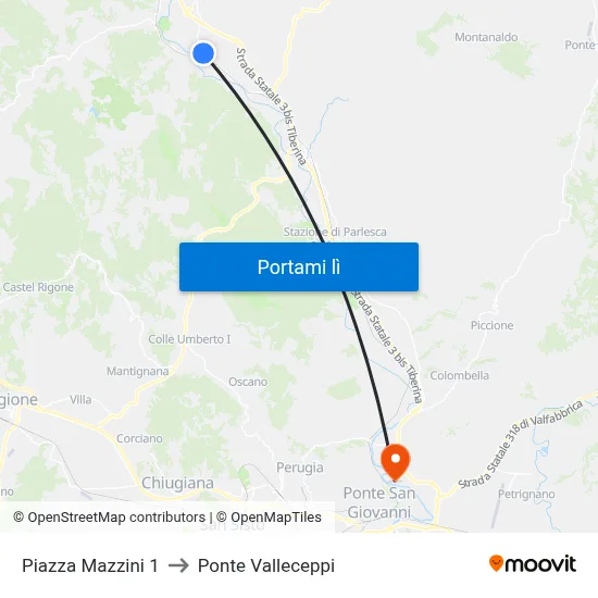 Piazza Mazzini 1 to Ponte Valleceppi map